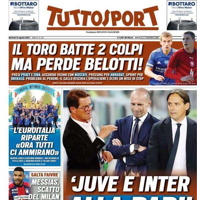 Tuttosport in apertura con le parole di Capello: "Juve e Inter alla pari"