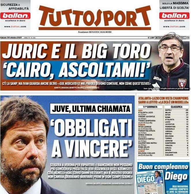 Tuttosport apre con il monito di Agnelli: "Obbligati a vincere"