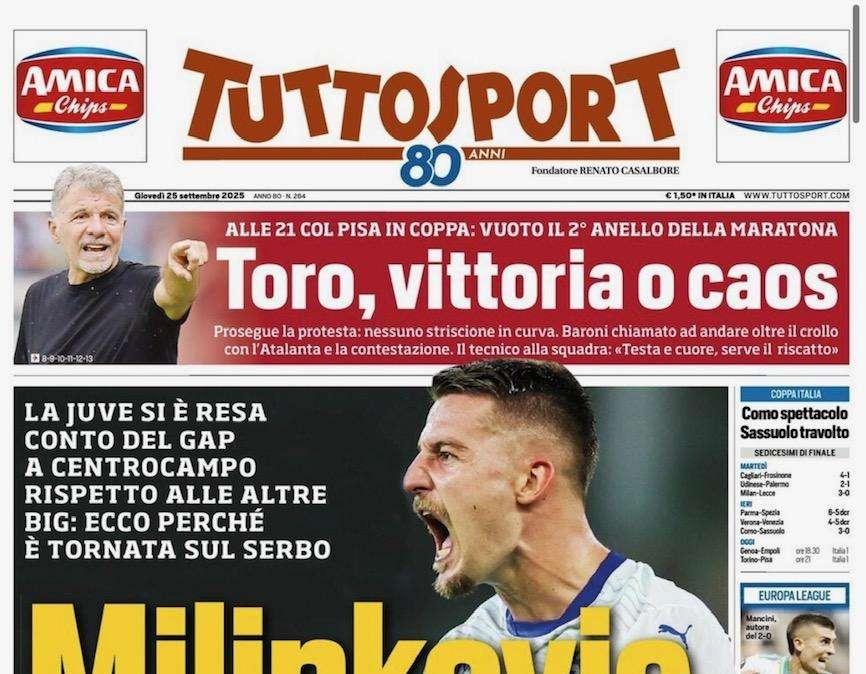 "Buongiorno out un mese, e il Napoli fa polemica. Juve, c'è Milinkovic", la prima pagina di TuttoSport