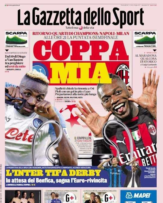 La Gazzetta dello Sport titola in apertura: "L'Inter tifa derby"