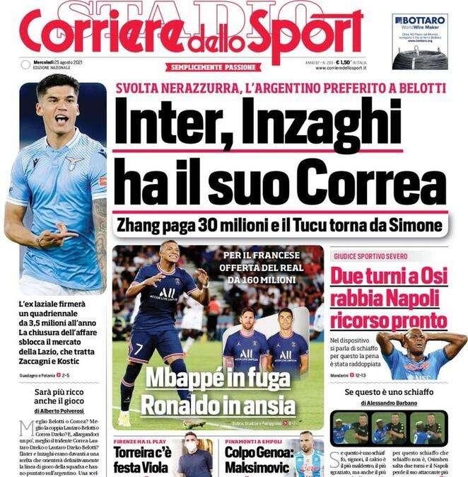 Rassegna stampa - Le prime pagine di Mercoledì 25 agosto