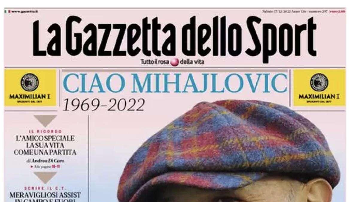 L'apertura de La Gazzetta dello Sport: "Sinisa per sempre"