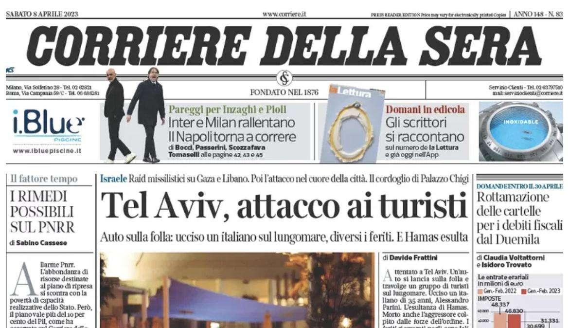 Il Corriere della Sera in apertura: "Inter e Milan rallentano. Il Napoli corre"