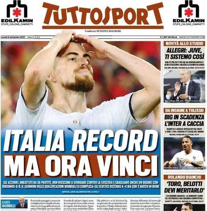 L'apertura di Tuttosport: "Italia record, ma ora vinci"