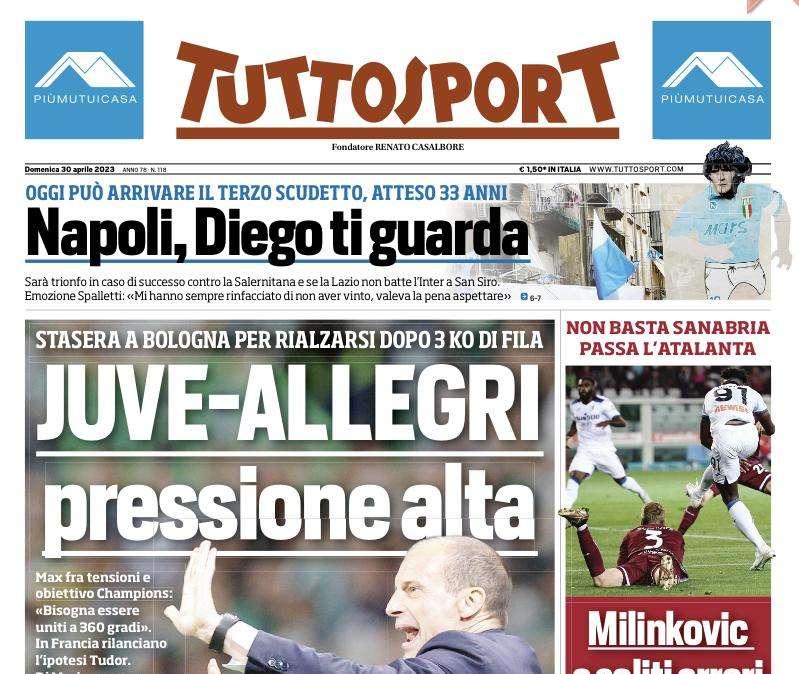 Tuttosport in prima pagina: "Napoli, Diego ti guarda: trionfo se la Lazio non batte l'Inter"