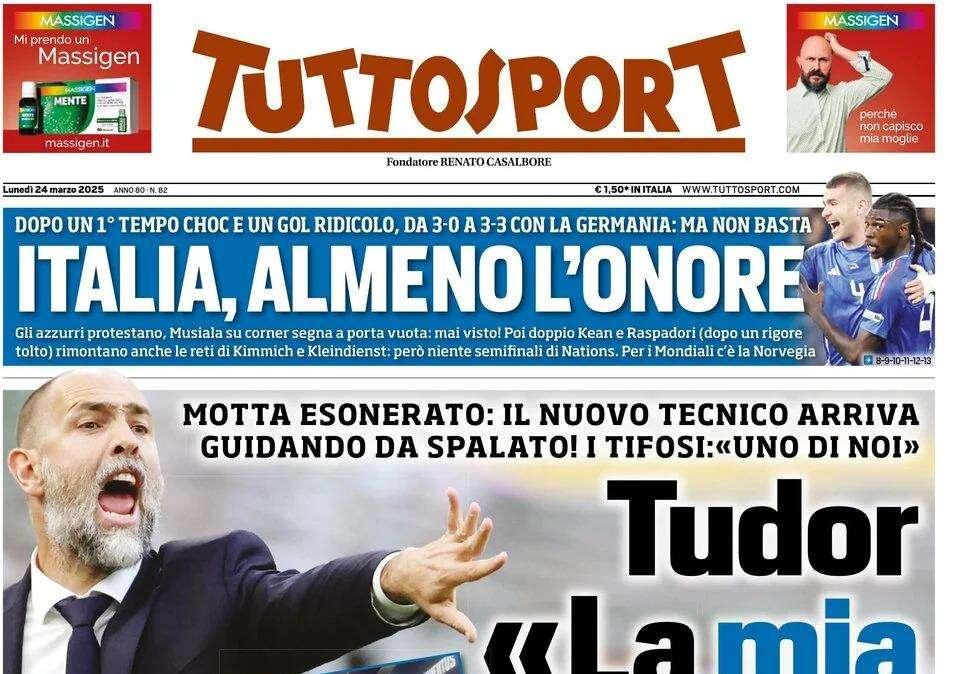 Italia, almeno l'onore: da 3-0 a 3-3, ma non basta. La prima pagina di Tuttosport