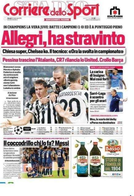 Il Corriere dello Sport in apertura: "Allegri ha stravinto, Lukaku in ombra"