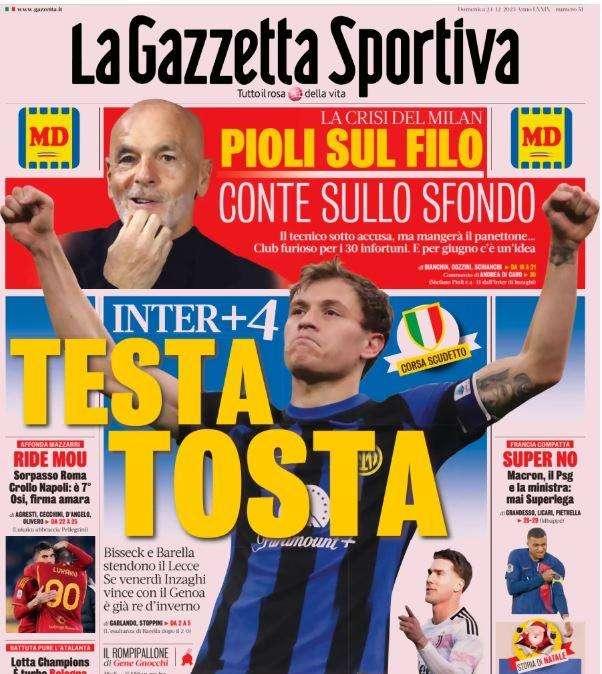 La prima pagina de La Gazzetta dello Sport: "Testa tosta, Inter a +4"