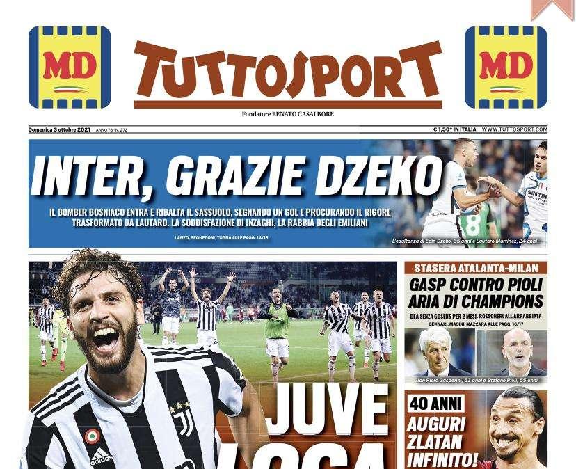 La prima pagina di Tuttosport: "Inter, grazie Dzeko. La rabbia degli emiliani"