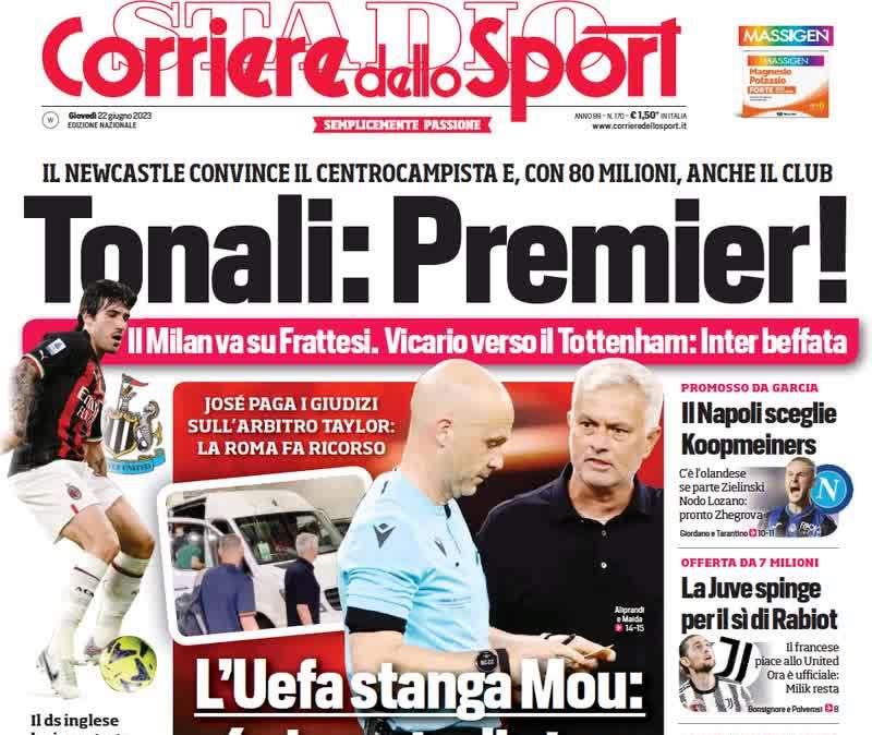 L’apertura del Corriere dello Sport: “Beffa Inter: Milan su Frattesi, Vicario al Tottenham”