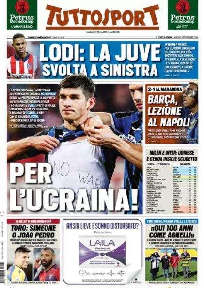 Tuttosport in apertura: "Per l'Ucraina"