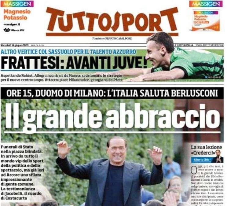 Tuttosport in apertura: "Frattesi: avanti Juve!". I bianconeri sfidano l'Inter