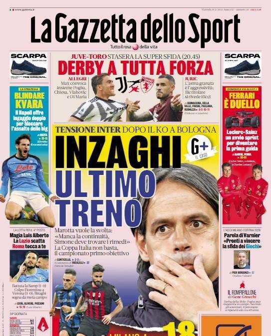 L'apertura de La Gazzetta dello Sport: "Inzaghi, ultimo treno"