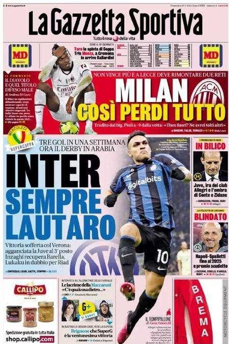 La prima pagina della Gazzetta dello Sport: "Sempre Lautaro, tre gol in una settimana"
