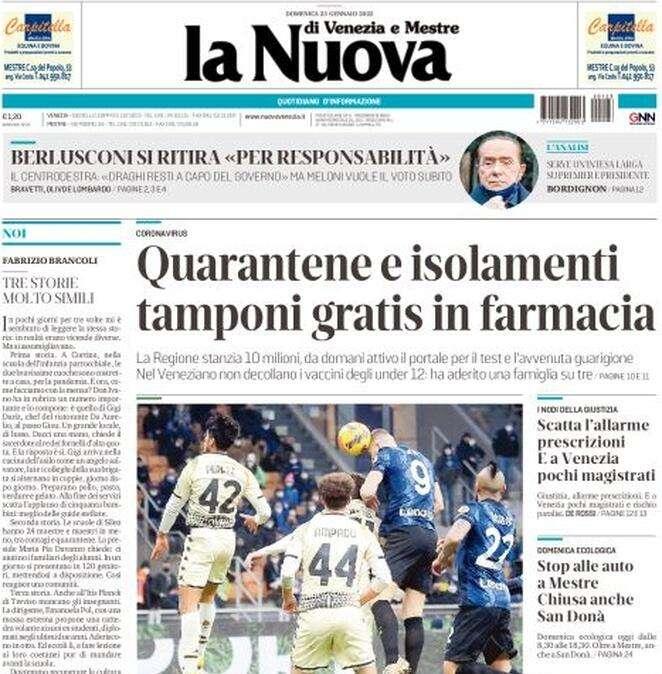 La Nuova: "Venezia, favola senza lieto fine: Barella-Dzeko salvano l'Inter dalla figuraccia"