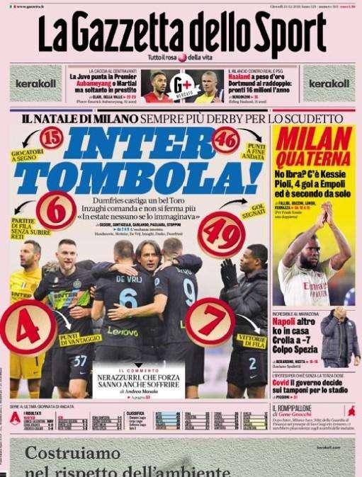 La prima pagina de La Gazzetta dello Sport: "Inter, Tombola!"