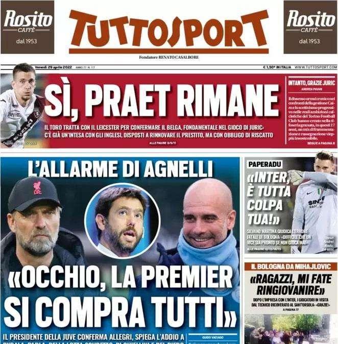 Tuttosport apre con l'allarme di Agnelli: "Occhio, la Premier si compra tutti"