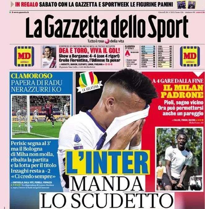La Gazzetta dello Sport in apertura: "L'Inter manda lo scudetto al Diavolo"