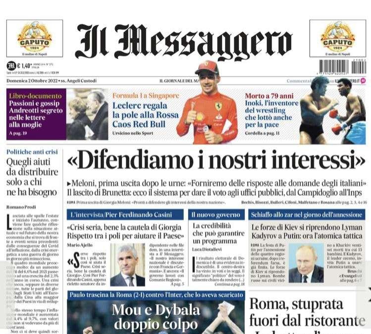 Il Messaggero - Mou e Dybala, doppio colpo. Roma corsara a San Siro
