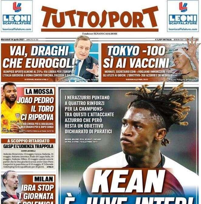 L'apertura di Tuttosport, derby d'Italia anche sul mercato. "Kean, è Juve-Inter"