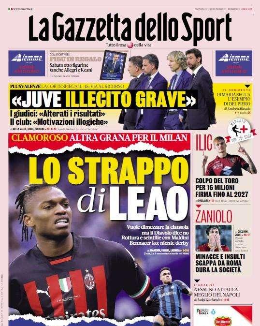 La prima pagina della Gazzetta dello Sport: "L'Inter si gioca la Coppa Italia e Skriniar"