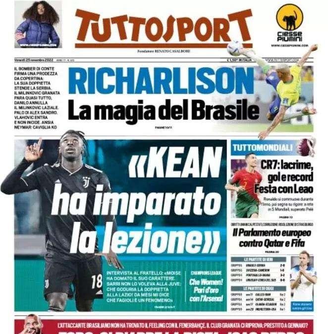 Tuttosport apre con le parole del fratello di Kean: "Moise ha imparato la lezione"