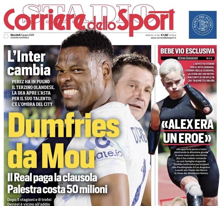 "Dumfries da Mou. Inter ansia Palestra": le prime pagine dei quotidiani sportivi