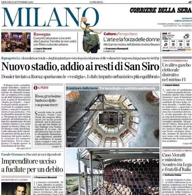Il Corriere di Milano in apertura: "Nuovo stadio, addio ai resti di San Siro"