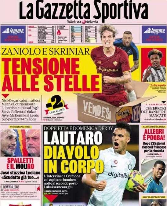 La prima pagina della Gazzetta dello Sport: "Lautaro diavolo in corpo: punta il derby"