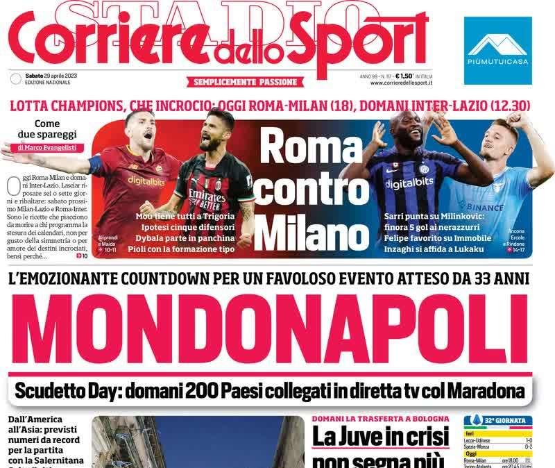 Il Corriere dello Sport in prima pagina: "Spareggio Champions, sarà Roma contro Milano"