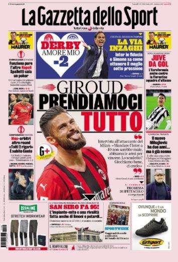 La prima pagina de La Gazzetta dello Sport: "La via Inzaghi, Inter in fiducia"