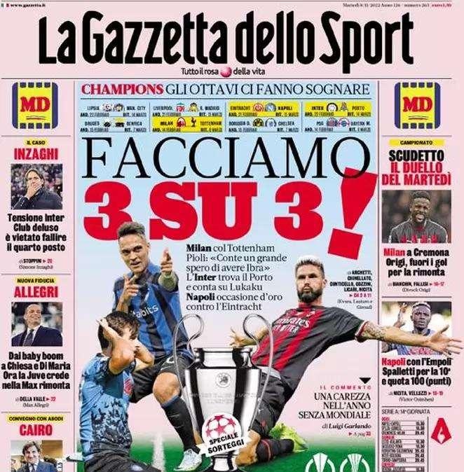 La prima pagina de La Gazzetta dello Sport: "Tensione Inter, club deluso: vietato fallire il 4 posto"