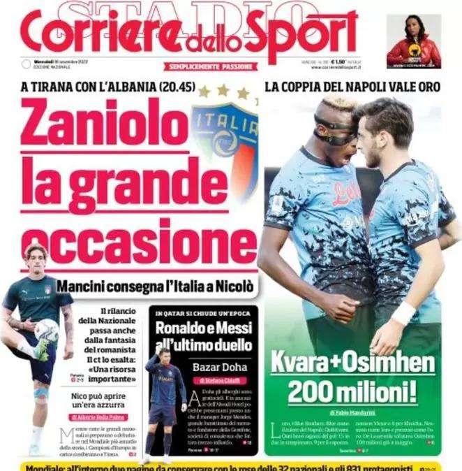 La prima pagina del Corriere dello Sport: l'Italia torna in campo con l'Albania