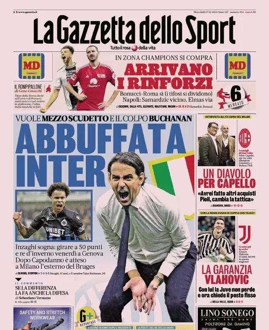 L'apertura della Gazzetta: "Abbuffata Inter". Inzaghi sogna: vuole 50 punti e il colpo Buchanan