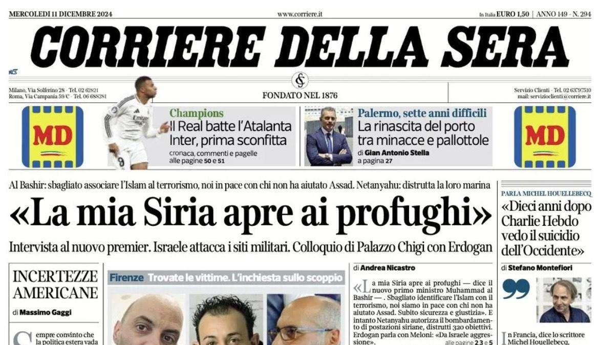 "Cade il bunker Inter": l'apertura del Corriere della Sera dopo Leverkusen