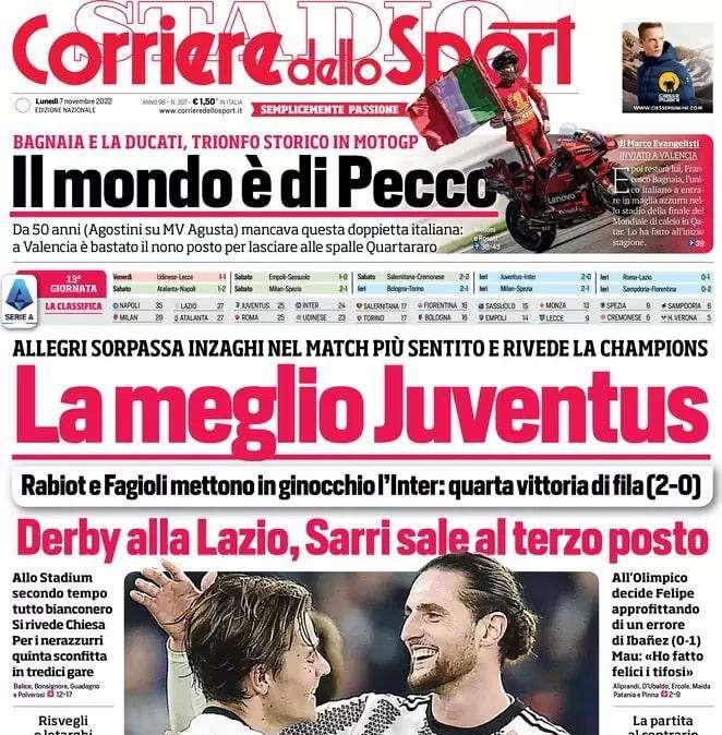 L'apertura del CorSport: "La meglio Juventus". Allegri sorpassa Inzaghi nel match più sentito