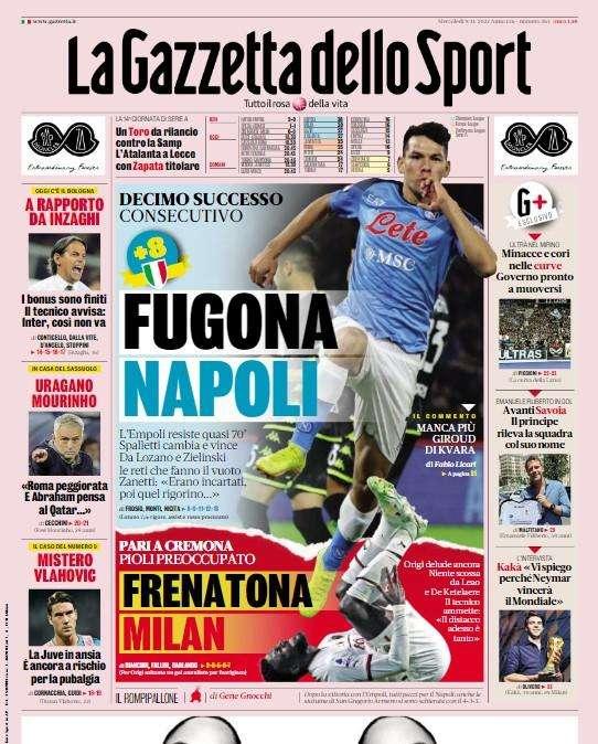 La Gazzetta dello Sport in apertura: "A rapporto da Inzaghi. I bonus sono finiti"