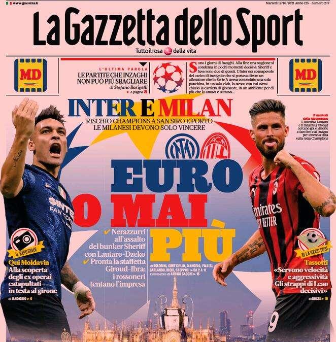 L'apertura de La Gazzetta dello Sport: "Inter e Milan Euro o mai più"