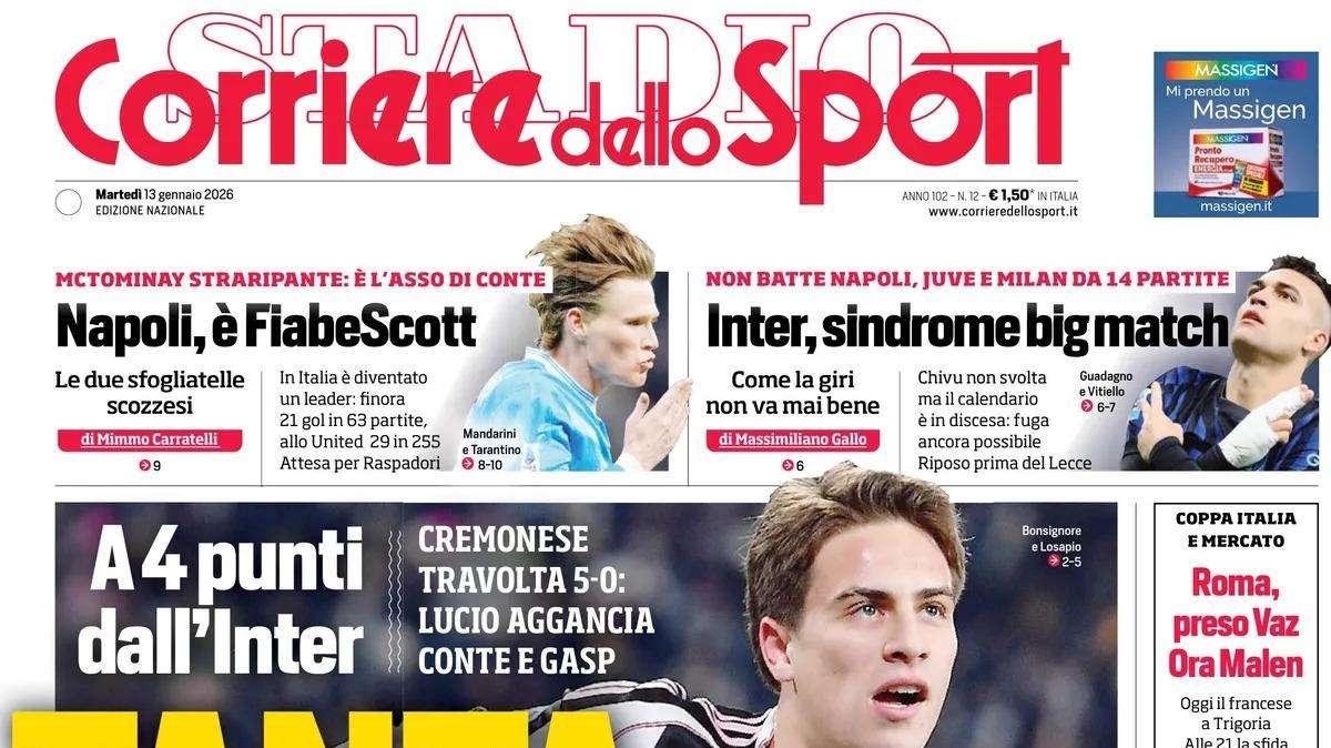 "Inter, sindrome big match. Tanta Juve contro la Cremonese. McTominay l'asso di Conte", la prima pagina del Corriere dello Sport