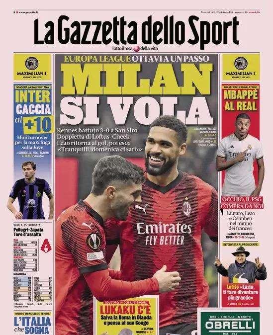 Inter, caccia a +10. E il Psg mette Lautaro nel mirino. La prima pagina de La Gazzetta dello Sport 