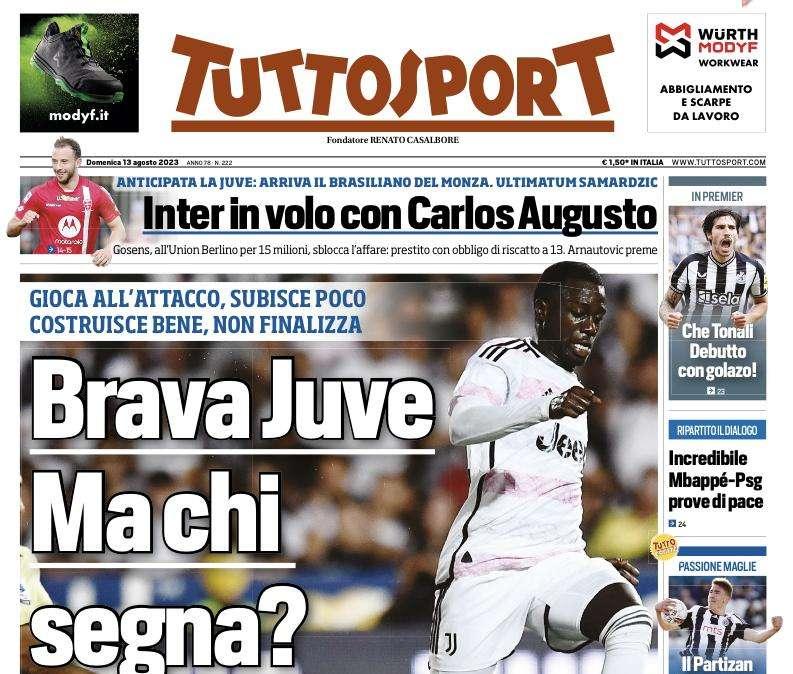 La prima pagina di Tuttosport: "L'Inter in volo con Carlos Augusto"