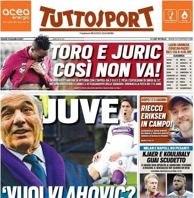 Tuttosport in apertura: "Dopo 173 giorni riecco Eriksen in campo"