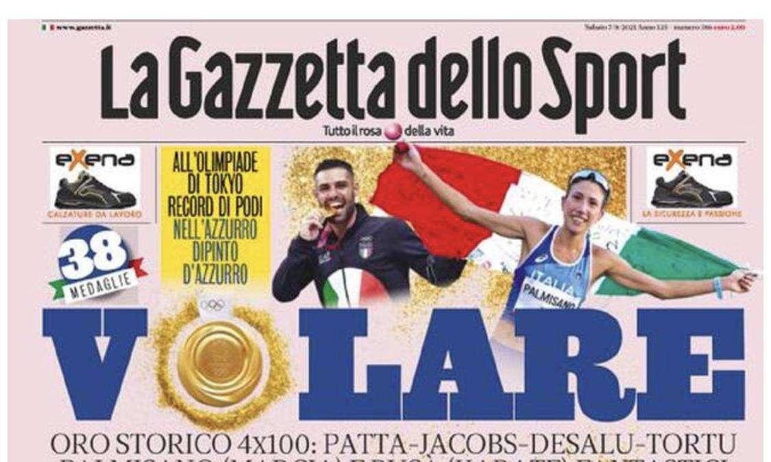 L'apertura de La Gazzetta dello Sport: "Volare". Italia d'oro nella 4x100