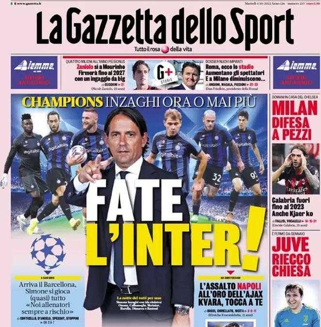 A San Siro arriva il Barcellona, l'apertura della Gazzetta: "Fate l'Inter!"