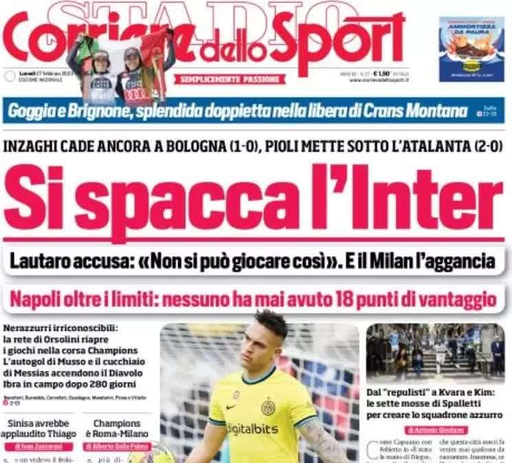 L'apertura del Corriere dello Sport: "Si spacca l'Inter, Lautaro accusa"