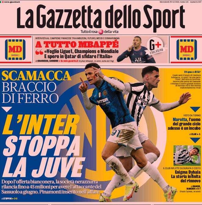 La prima pagina de La Gazzetta dello Sport: "Scamacca, l'Inter stoppa la Juve"