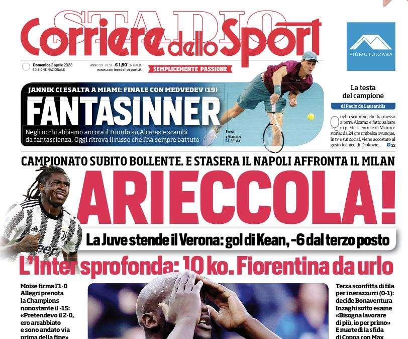 L'apertura del Corriere dello Sport: "L'Inter sprofonda: 10 ko. Fiorentina da urlo"