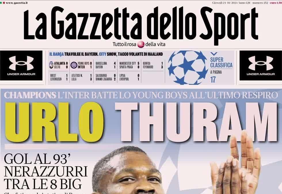 Urlo Thuram, i titolari la risolvono. Inter tra le 8 big: la prima pagina della Gazzetta dello Sport