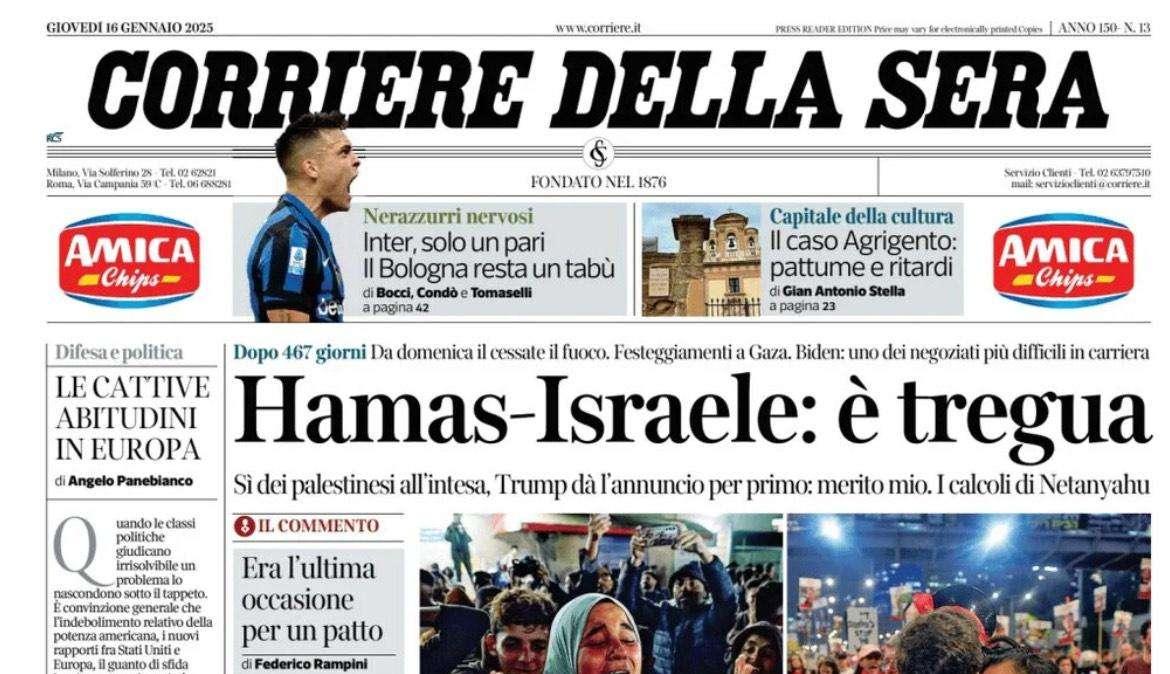 "Inter, idee congelate": l'apertura del Corriere della Sera dopo il pari di San Siro