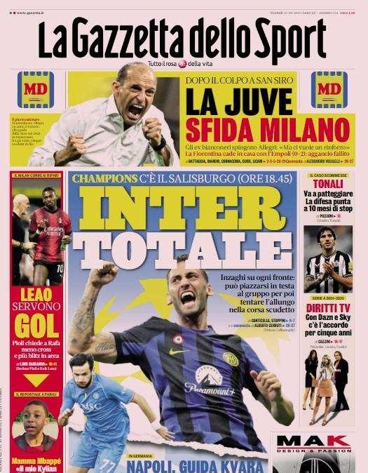 "Inter totale", stasera c'è il Salisburgo: le prime pagine di martedì 24 ottobre